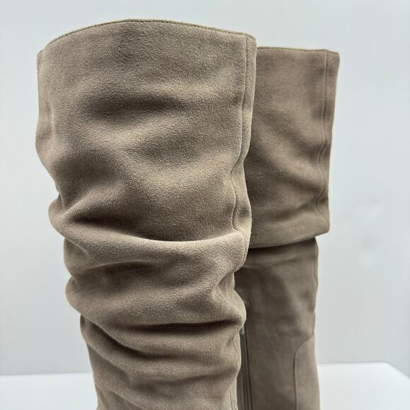 Splendid | Gloria Taupe Suede Leather Block Heel Square Toe Scrunch Riding Boots - Picture 7 of 13